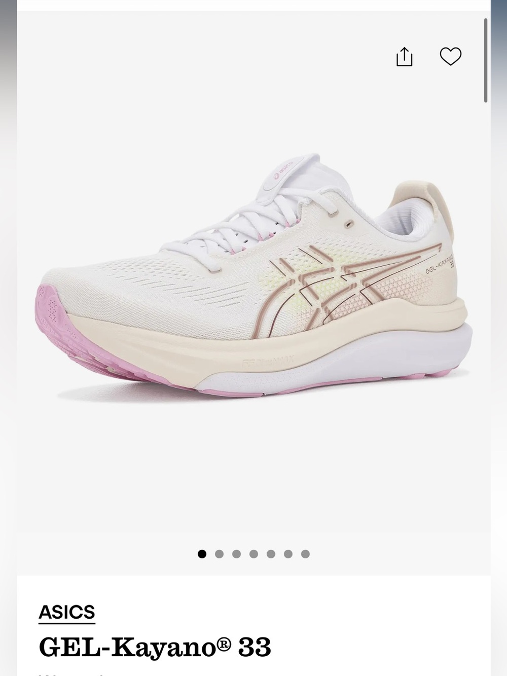 Asics GEL-Kayano 33 Women's Running Shoe - White with Pink Accents